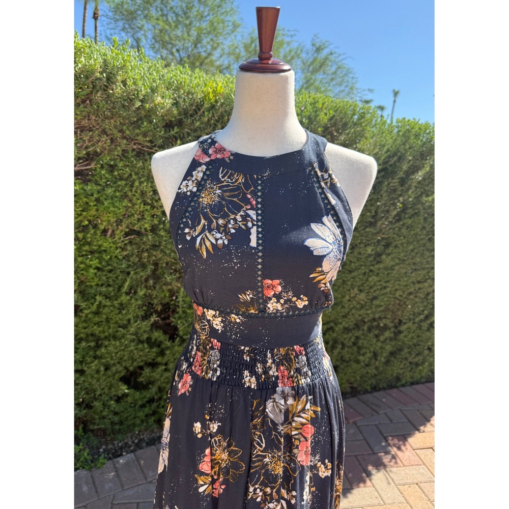 BP Nordstrom Floral Halter Maxi Dress Navy Blue Smocked Waist Open Back NWT - Picture 3 of 12